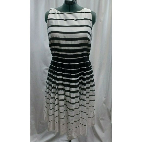 Talbots Dress Fit & Flare Pleated Sz 14 Sleeveless Linen Cotton  Black White - Picture 1 of 10